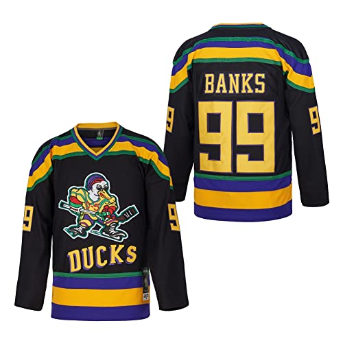 D-5 Herren Mighty Ducks Jersey #33 Goldberg #66 Bombay #96 Conway #99 Banks Jersey, Film Eishockey-Trikot für Herren, S-XXXL, #99 - Schwarz, Klein von D-5