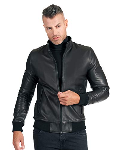D'Arienzo Bomberjacke Lederjacke Herren Schwarze Echtleder Italienisch Biker Leder Lammleder Jacke Motorrad Made in Italy 106 56/schwarz von D'Arienzo