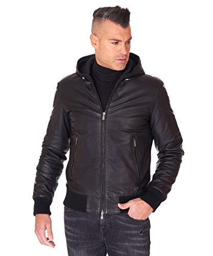 D'Arienzo Bomberjacke Lederjacke Schwarze Herren mit Kapuze Echtleder Made in Italy Biancolino schwarz/54 von D'Arienzo