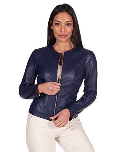 D'Arienzo Damen Italienische Lederjacke Blaue Verschraubte Echtleder lammnappa Made in Italy Clear blau/S von D'Arienzo