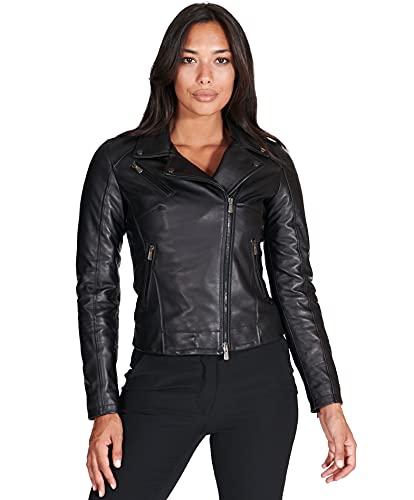 D'Arienzo Damen Italienische Lederjacke im Biker Look Schwarze Echtleder Lammnappa Made in Italy Kbc schwarz/XS von D'Arienzo