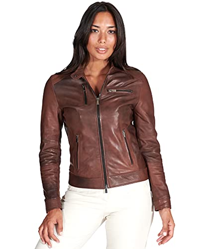 D'Arienzo Damen Lederjacke im Biker Italienische Look Trube Braune Vintage Echtleder Lammnappa Made in Italy Giulia L/braun von D'Arienzo