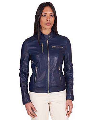 D'Arienzo Damen Lederjacke im Biker Look Blaue Echtleder Made in Italy Giulia XXL/blau von D'Arienzo