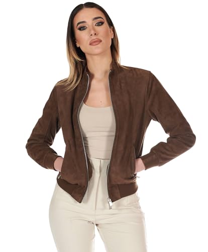 D'Arienzo Damen Wildlederjacke Bomber Taupefarben Elastisch im Ton Suède Echtleder G154 XS/schlammfarben von D'Arienzo