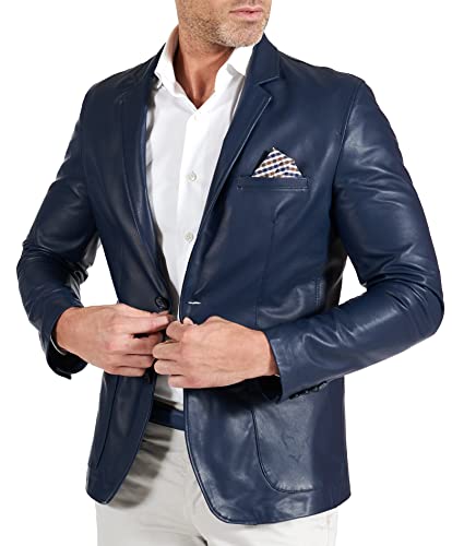 D'Arienzo Lederjacke Herren Echtleder Blau Italienisch Lederblazer mit Zwei knöpfen Echtes Leder Made in Italy Luke 54/blau von D'Arienzo