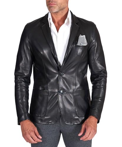 D'Arienzo Lederjacke Herren Echtleder schwarz Italienisch Lederblazer mit Zwei knöpfen Echtes Leder Made in Italy Luke 48/schwarz von D'Arienzo