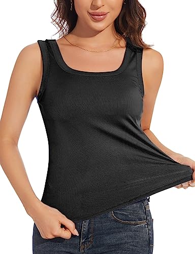 D'BOON Geripptes Damen-Tank-Top, einfarbig, Sommer, U-Ausschnitt, eng anliegend, Basic ärmellos, Camis (S-2XL), Schwarz , M von D'BOON