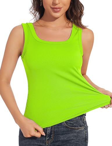D'BOON Geripptes Damen-Tank-Top, einfarbig, Sommer, U-Ausschnitt, eng anliegend, Basic ärmellos, Camis (S-2XL), neon green, L von D'BOON