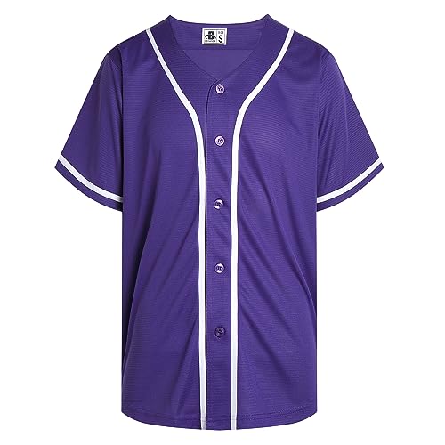 DEHANER einfarbige Blanko-Baseball-Trikots für Männer Frauen Erwachsene Hip Hop Hipster Button-Down-Shirts Sportuniformen Outfits, Weiß gestreift-lila Jersey, XXL von D DEHANER