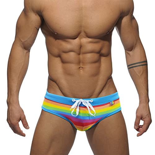 D-Rings Badehose Herren Regenbogen Fröhlich Gay Kurze Schwimmhose Badeslip Eng Hosen Badeshorts Kurz Druck Männer Stretch Bademode Slips Schnelltrocknend Schwimmshorts Badepants, Blau, XXL von HizoeChu