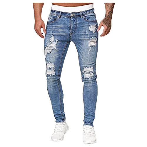 D-Rings Herren Jeans Hose Destroyed Löchern Jeanshosen Herren Destroyed Stretch Jeans-Hose Used Slim-Fit Männer Vintage Wasserwäsche Used Look Denim Pants Freizeithose Arbeitshose (Hellblau, 3XL) von HizoeChu