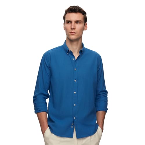 D'S DAMAT Leinenoptik Hemd Herren Langarm Slim Fit, 100% Baumwolle Atmungsaktiv Freizeithemd Herren, Leichte Kleidung Herren, Schickes Männer Hemd, Sommer Shirt, 6 Farboptionen, S M L | Saks Blau - m von D'S DAMAT