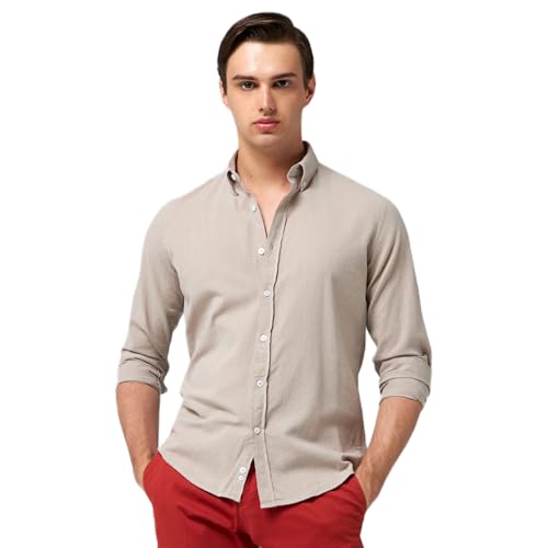 D'S DAMAT Leinenoptik Hemd Herren Langarm Slim Fit, 100% Baumwolle Atmungsaktiv Freizeithemd Herren, Leichte Kleidung Herren, Schickes Männer Hemd, Sommer Shirt, 6 Farboptionen, S M L XL X | Beige - m von D'S DAMAT
