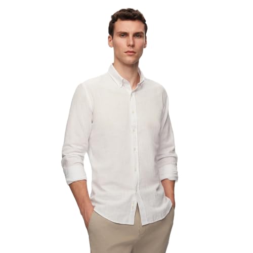 D'S DAMAT Leinenoptik Hemd Herren Langarm Slim Fit, 100% Baumwolle Atmungsaktiv Freizeithemd Herren, Leichte Kleidung Herren, Schickes Männer Hemd, Sommer Shirt, 6 Farboptionen, S M L XL XX | Weiß - l von D'S DAMAT