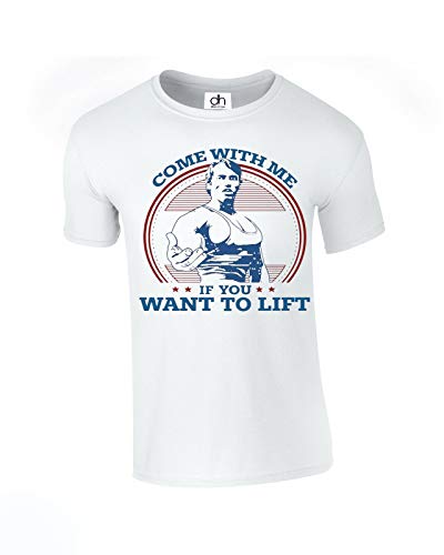 T-Shirt mit Aufschrift "Come with Me If You Want To Lift Terminator", Arnold Schwarzenegger Gr. L, weiß von D&H CLOTHING UK