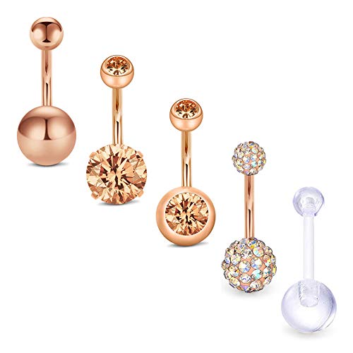 D.Bella 14G Chirurgenstahl Bauchnabelringe 10mm 3/8" Langhantel Bauchnabelringe Piercing für Frauen Mädchen Roségold roségoldene Bauchnabelringe Bauchnabelpiercing für Damen von D.Bella