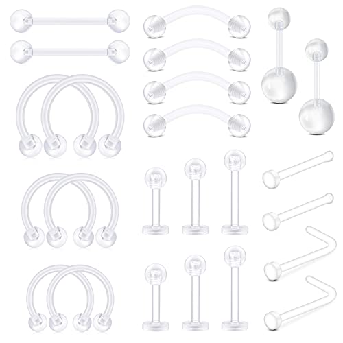 D.Bella 20-30stk Klar Piercing Retainer Cartilage Helix Tragus Ohrstecker Ringe Bioflex Flexibel Hufeisen Lippenpiercing Nasenring Nasenstecker Ohrringe Piercings Kit Plastik für Frauen Männer von D.Bella