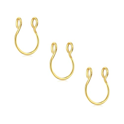 D.Bella 3Pcs Fake Nose Rings 20G 8mm Chirurgenstahl Gold Faux Lip Septum Nose Rings Hoop Set Clip On Piercing Körperschmuck für Frauen Männer von D.Bella