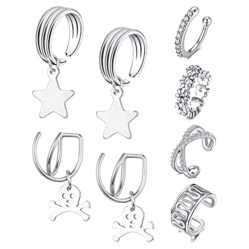 D.Bella 8 Stk Ohrklemme mit Anhänger Ear Cuff Ohr Manschette Fake Ohrpiercings Ohr Helix Ohrclips Nicht Piercing Clip Silber Ohrstulpe Ohrringe von D.Bella