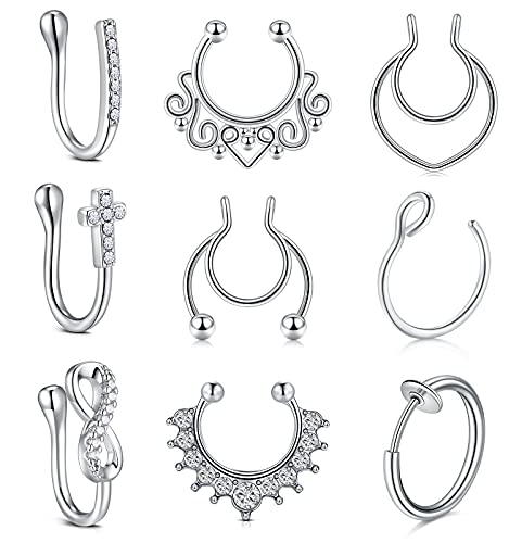 D.Bella 9Stk Fake Septum Non-Pierced Clip Nasenpiercing Nasenring Hoop Septum Fakepiercing Faux Hoop Non Piercing Schmuck Damen Männer von D.Bella