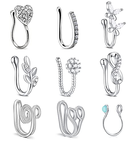 D.Bella Fake Nasenringe, 9 Stück, Edelstahl, Zirkonia, künstlicher Piercing, Schmuck, Nasenring, Fake Clip, Kreis, Kreolen, ohne Piercing, für Damen und Herren von D.Bella