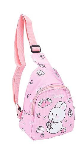 Nette Kinder Sling Bag Kleine Cartoon Dinosaurier Crossbody Umhängetasche Münze Geldbörse Taille Rucksack Nylon für kind 1-5, Rosa Erdbeerhase, Einheitsgröße von D.LerBung