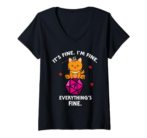 Damen It's Fine RPG Gamer Cat D20 Dice Fail Lustiger Nerdy Geek T-Shirt mit V-Ausschnitt von D20 Dice Tabletop Gamer Store
