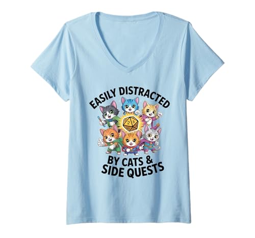 Damen Funny Easily Distracted by Cats Side Quest RPG Gamer T-Shirt mit V-Ausschnitt von D20 Dice Tabletop Nerdy Gaming Nerds Humour