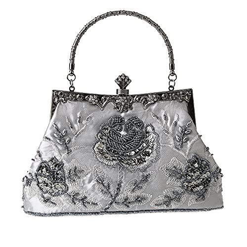 MMYOMI Vintage Floral Perlen Strass Stickerei Kupplung Pailletten Hochzeit Prom Bag Bridal Damen Crossbody Abend Handtasche (Grau) von DA BODAN