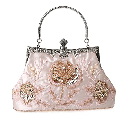 MMYOMI Vintage Floral Perlen Strass Stickerei Kupplung Pailletten Hochzeit Prom Bag Bridal Damen Crossbody Abend Handtasche (Rosa) von DA BODAN