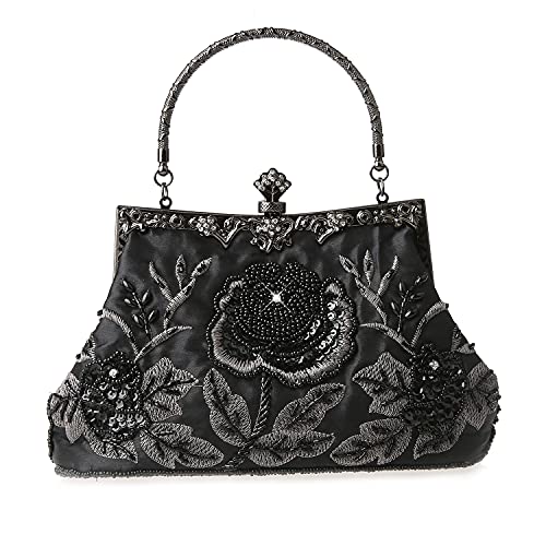 MMYOMI Vintage Floral Perlen Strass Stickerei Kupplung Pailletten Hochzeit Prom Bag Bridal Damen Crossbody Abend Handtasche (Schwarz) von DA BODAN