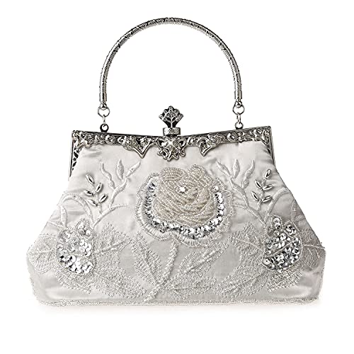 MMYOMI Vintage Floral Perlen Strass Stickerei Kupplung Pailletten Hochzeit Prom Bag Bridal Damen Crossbody Abend Handtasche (Silber) von DA BODAN