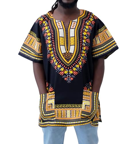 DA'IKI Dashiki Baumwollhemd Afrikanischer Tribal Kaftan Boho Kaftan Unisex, Dashiki - Schwarz Gelb, Groß von DA'IKI