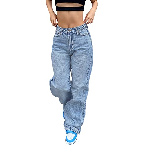 Baggy Jeans Damen Hoher Taille Straight Jeans Breites Bein Jeans Y2K Style Aesthetic Vintage Jeanshosen 90er Streetwear Loose Fit Boyfriend Pants Vintage Denim Hose (Blue-b, S) von DABASHAN