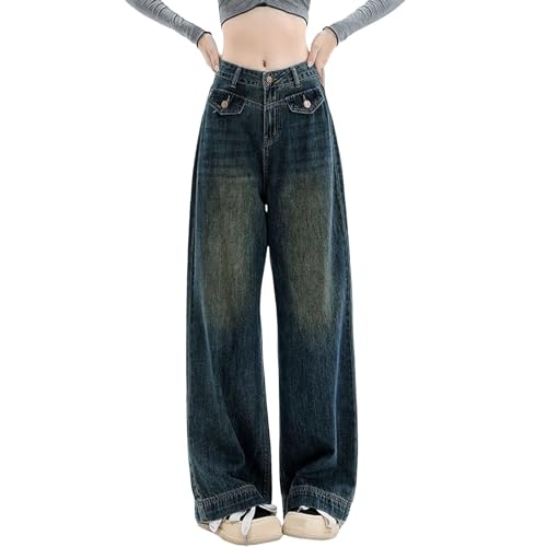 Baggy Jeans Damen Hoher Taille Straight Jeans Breites Bein Jeans Y2K Style Aesthetic Vintage Jeanshosen 90er Streetwear Loose Fit Boyfriend Pants Vintage Denim Hose (Dark Blue-F, L) von DABASHAN