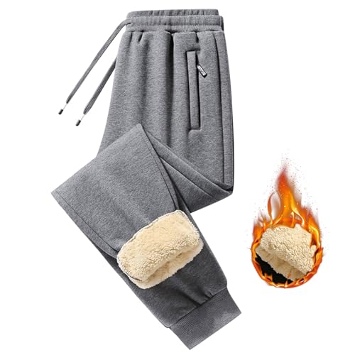 DABASHAN Damen Jogginghose Warme Fleece Gefütterte Freizeithose Sweatpants Thermohose Winter Verdickte Sportleggins Kordelzug Traininghose Sweathose mit Taschen (Grey-a, L) von DABASHAN