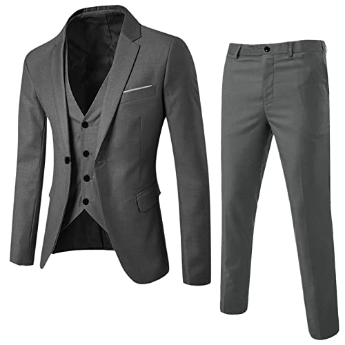 DABASHAN Herren Anzug 3 Teilig Slim Fit Herrenanzug Sakko Weste Hose Knopf Smoking Anzug Klassische Blazer Weste Hosen Set Männer Anzug für Hochzeit Business (Dark Gray-C, M) von DABASHAN