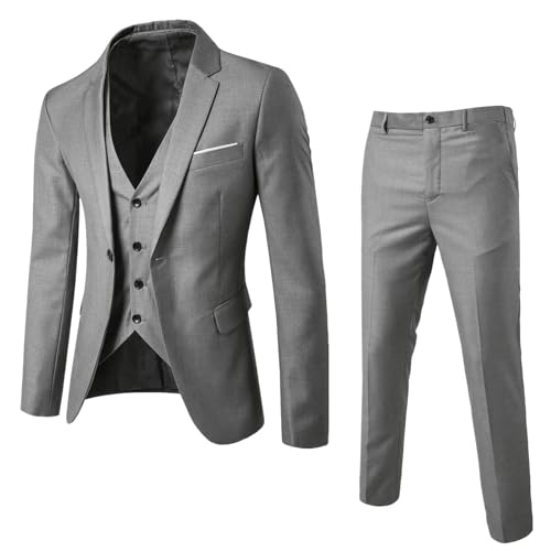 DABASHAN Herren Anzug 3 Teilig Slim Fit Herrenanzug Sakko Weste Hose Knopf Smoking Anzug Klassische Blazer Weste Hosen Set Männer Anzug für Hochzeit Business (Grey-1, XXL) von DABASHAN