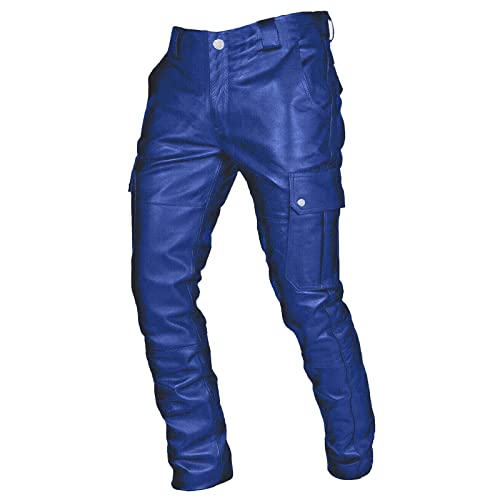 DABASHAN Herren Lederhose lederjeans Slim Fit Lange Hosen bikerjeans Kunstleder Hosen für Nachtclub Bühnenshow Kostüm Cosplay (C-Blue, XXXL) von DABASHAN