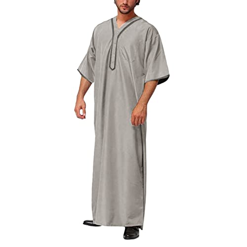 DABASHAN Herren Muslim Kaftan Islamisch Dubai Robe Kurze Ärmel Muslimische Gebetskleidung Islamische Robe Ramadan Lange Dubai Kleider Gebetskleider Tuniken Abaya für Männer (Grey-1, XXXXXL) von DABASHAN