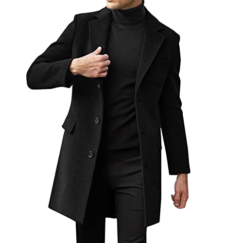 Herren Wintermantel Slim Fit Wollmantel Stehkragen Business Herrenmantel Lange Trenchcoat Windbreaker Jacken Winter Warm Freizeit Mantel (A-Black, XXL) von DABASHAN