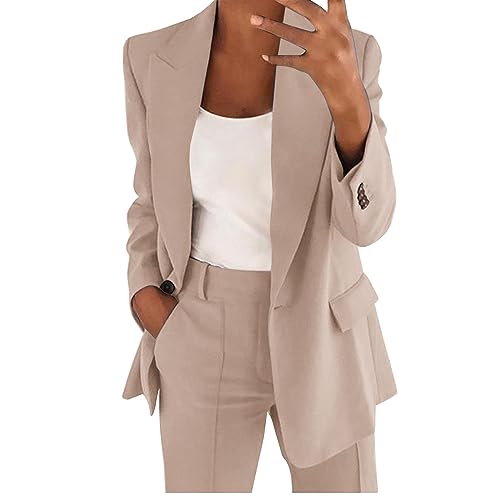 DABASHAN Hosenanzug Damen 2-teilig Elegant Business Anzug Set Slim Fit Blazer und Hose Outfit Einfarbig Revers Casual Sportlich Freizeitanzug Longblazer Lang Hosen Streetwear (Khaki-a, M) von DABASHAN