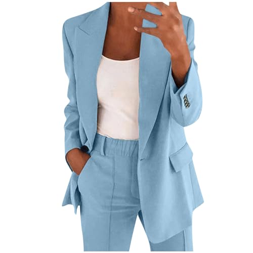 DABASHAN Hosenanzug Damen 2-teilig Elegant Business Anzug Set Slim Fit Blazer und Hose Outfit Einfarbig Revers Casual Sportlich Freizeitanzug Longblazer Lang Hosen Streetwear (Light Blue-b, L) von DABASHAN