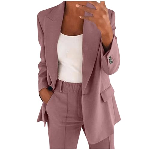 DABASHAN Hosenanzug Damen 2-teilig Elegant Business Anzug Set Slim Fit Blazer und Hose Outfit Einfarbig Revers Casual Sportlich Freizeitanzug Longblazer Lang Hosen Streetwear (Pink-b, L) von DABASHAN