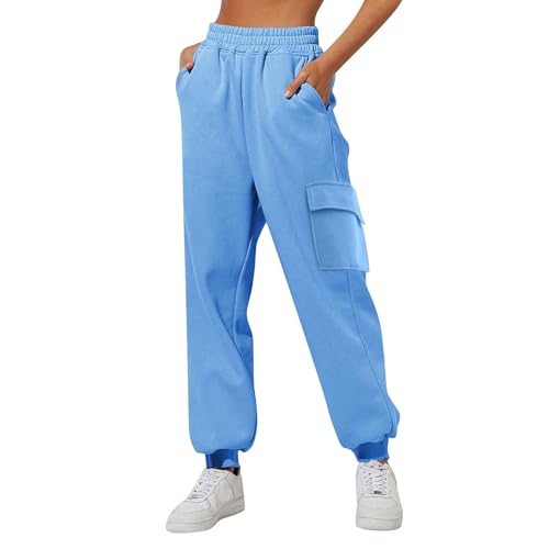 DABASHAN Jogginghose Damen Baumwolle Sporthosen Lange Yoga Hosen High Waist Fitness Laufhosen Winter Warme Sweatpants Freizeithose Trainingshose mit Taschen (1-Light Blue, XXXL) von DABASHAN