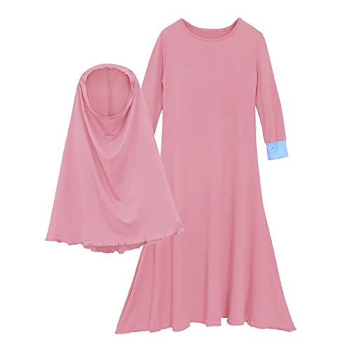 DABASHAN Mädchen Gebetskleidung Kinder Langes Maxikleid Muslim Kleider Einfarbig Mädchen Zweiteilige Kleider (Hot Pink, 3-4 Years) von DABASHAN