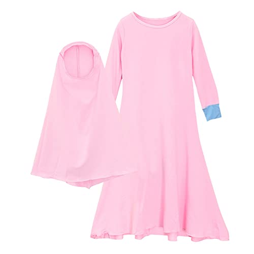 DABASHAN Mädchen Gebetskleidung Kinder Langes Maxikleid Muslim Kleider Einfarbig Mädchen Zweiteilige Kleider (Pink, 13-14 Years) von DABASHAN