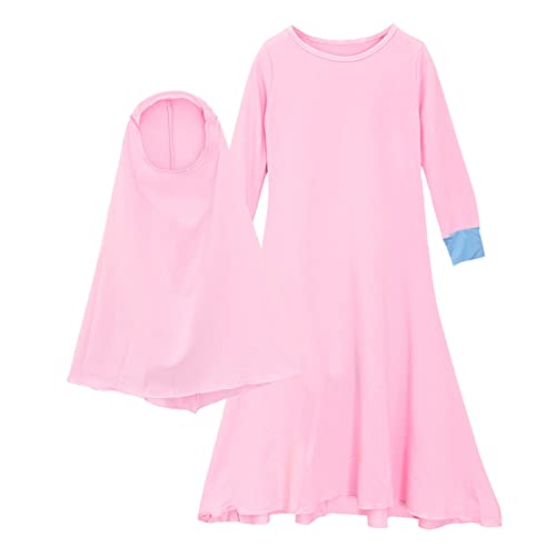 DABASHAN Mädchen Gebetskleidung Kinder Langes Maxikleid Muslim Kleider Einfarbig Mädchen Zweiteilige Kleider (Pink, 3-4 Years) von DABASHAN