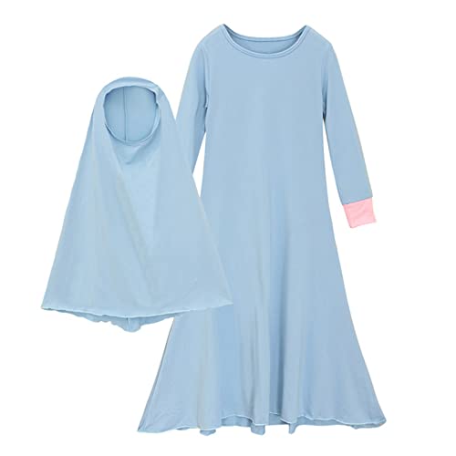 DABASHAN Mädchen Gebetskleidung Kinder Langes Maxikleid Muslim Kleider Einfarbig Mädchen Zweiteilige Kleider (Sky Blue, 11-12 Years) von DABASHAN