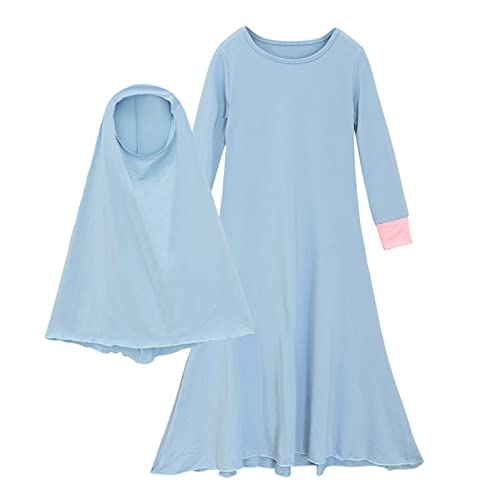 DABASHAN Mädchen Gebetskleidung Kinder Langes Maxikleid Muslim Kleider Einfarbig Mädchen Zweiteilige Kleider (Sky Blue, 5-6 Years) von DABASHAN